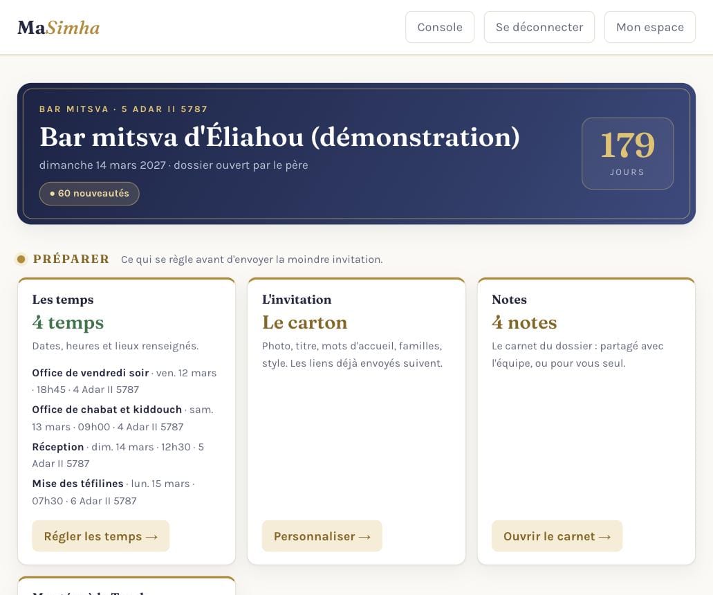 Le tableau de bord de MaSimha : compte à rebours à 179 jours, les temps de la fête, l'invitation, les notes et les montées à la Torah.